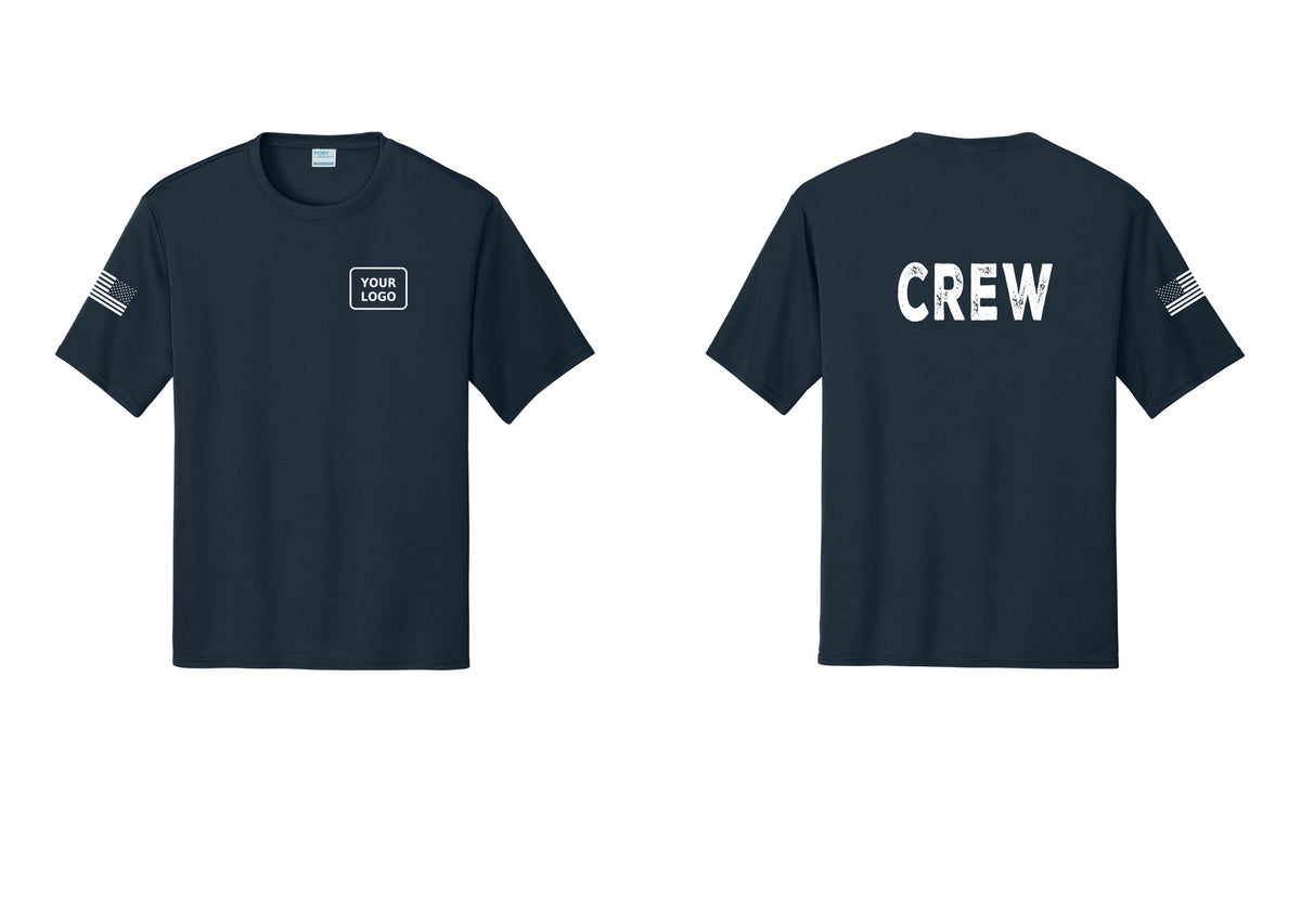 NYC Factory Custom Work Crew Uniform Performance Tee with Your Logo (Rustic) - Your Logo + Back + US Flag Sleeve - Navy