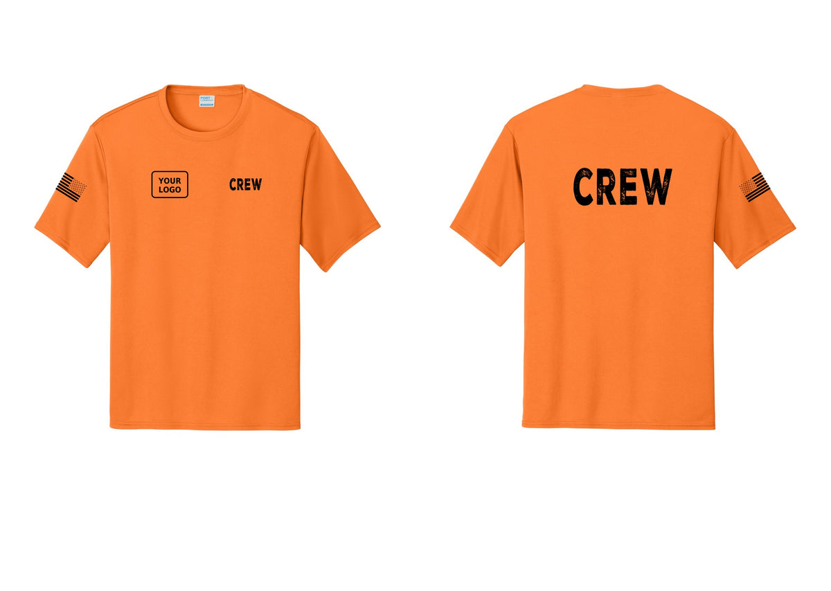 NYC Factory Custom Work Crew Uniform Performance Tee with Your Logo (Rustic) - CREW + Your Logo + Back + US Flag Sleeve - Neon Orange