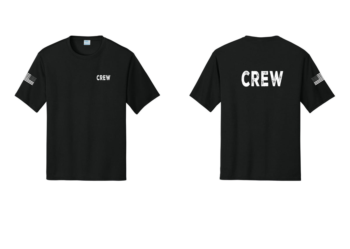 NYC Factory Crew Performance T-Shirt for Event Staff & Production Teams (Rustic) - Chest + Back + US Flag Sleeve - Black