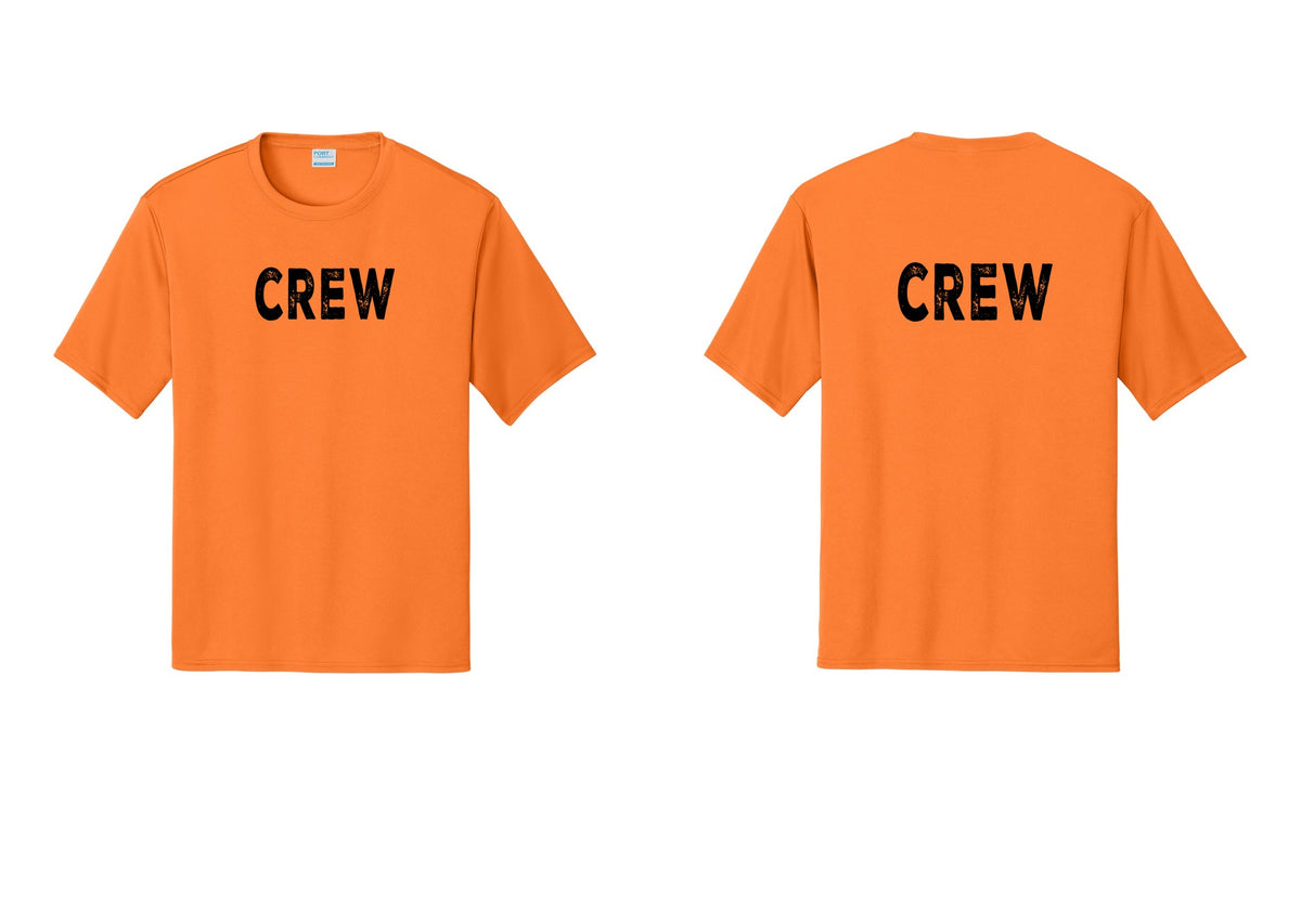 NYC Factory Crew Performance T-Shirt for Event Staff & Production Teams (Rustic) - Front + Back - Neon Orange