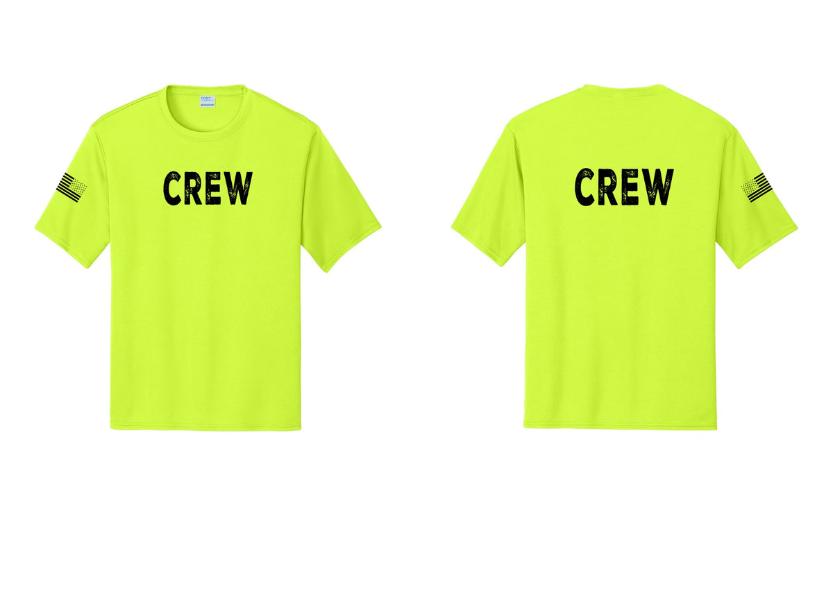 NYC Factory Crew Performance T-Shirt for Event Staff & Production Teams (Rustic) - Front + Back + US Flag Sleeve - Neon Yellow