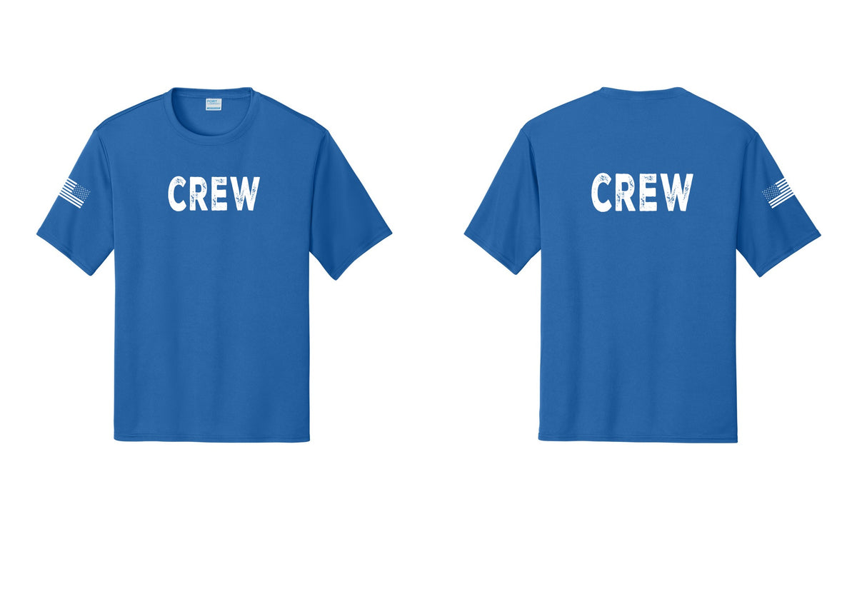 NYC Factory Crew Performance T-Shirt for Event Staff & Production Teams (Rustic) - Front + Back + US Flag Sleeve - Royal