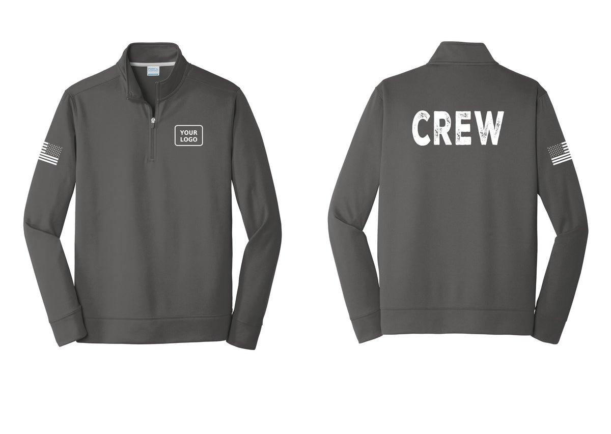 NYC Factory Custom Work Crew Uniform Performance Fleece 1/4-Zip Pullover Sweatshirt with Your Logo (Rustic) - Your Logo + Back + US Flag Sleeve - Charcoal