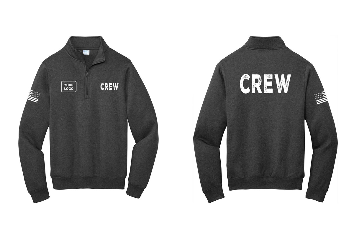 NYC Factory Custom Work Crew Uniform Cotton Fleece 1/4-Zip Pullover Sweatshirt with Your Logo (Rustic) - CREW + Your Logo + Back + US Flag Sleeve - Dark Heather Grey