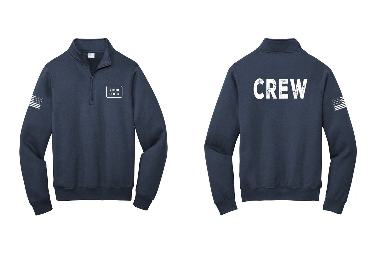 NYC Factory Custom Work Crew Uniform Cotton Fleece 1/4-Zip Pullover Sweatshirt with Your Logo (Rustic) - Your Logo + Back + US Flag Sleeve - Navy
