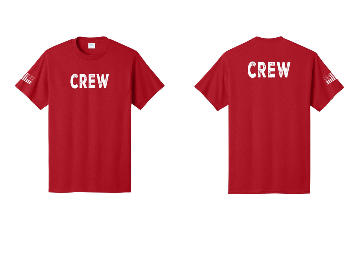 NYC Factory Crew T-Shirt for Event Staff & Production Teams (Rustic) - Front + Back + US Flag Sleeve - Red