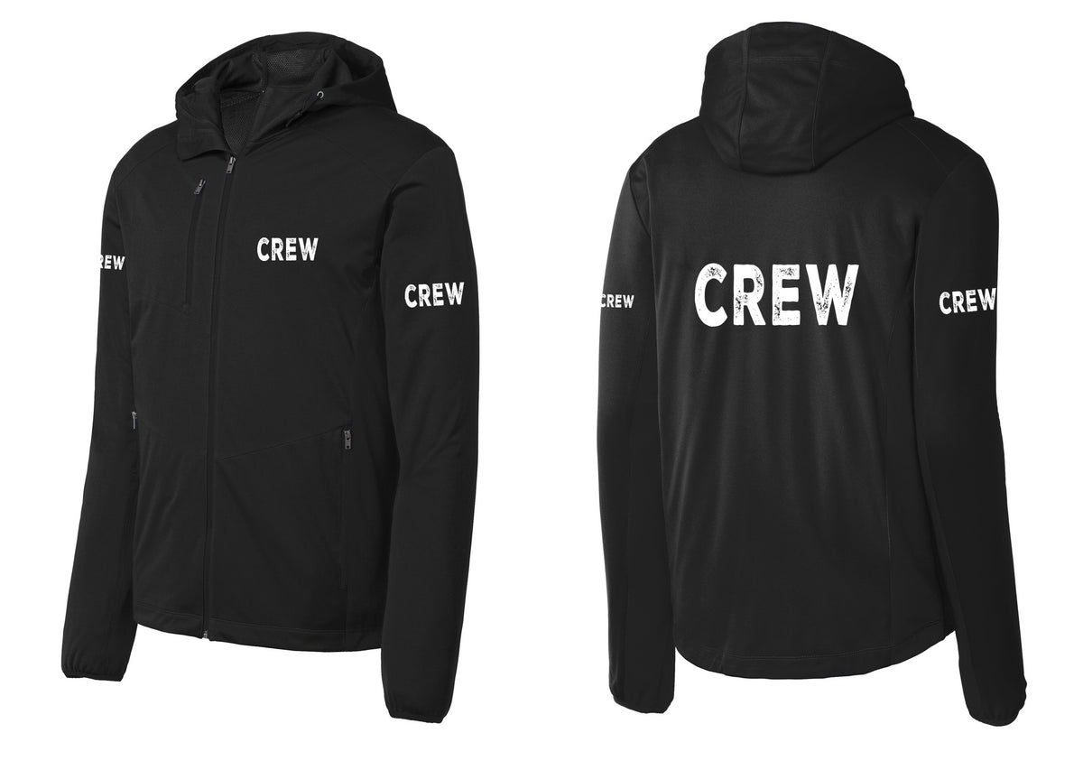 NYC Factory Crew Soft Shell Hooded Jacket for Event Staff & Production Teams (Rustic) - Chest + Back + Crew Sleeves - Deep Black