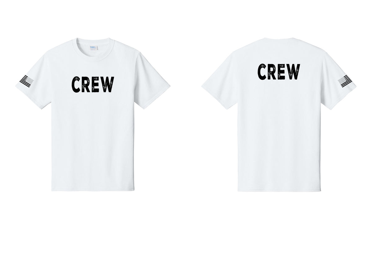 NYC Factory Crew T-Shirt, Rustic Lettering - Front + Back + US Flag Sleeve - White