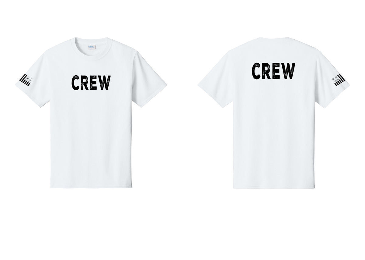 NYC Factory Crew T-Shirt for Event Staff & Production Teams (Rustic) - Front + Back + US Flag Sleeve - White