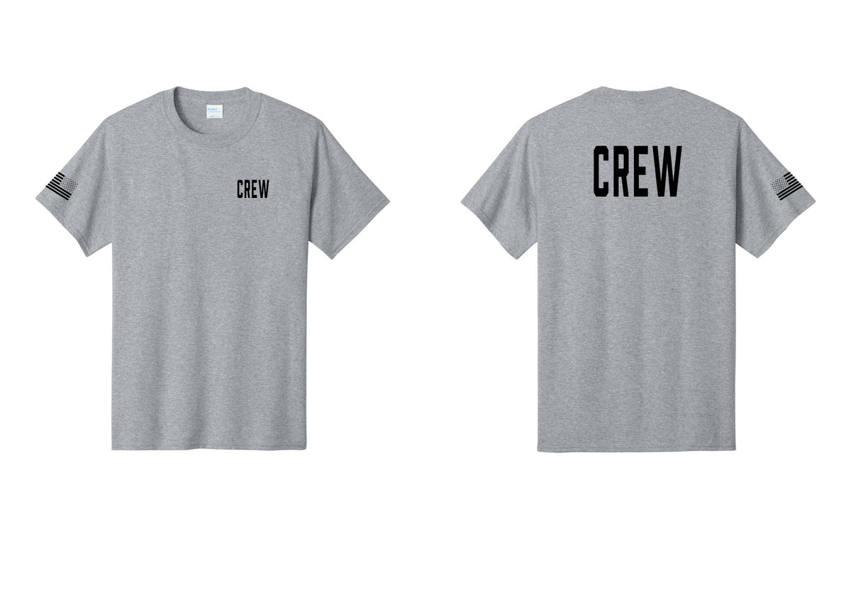 NYC Factory Crew T-Shirt, Condensed Lettering - Chest + Back + US Flag Sleeve - Athletic Heather