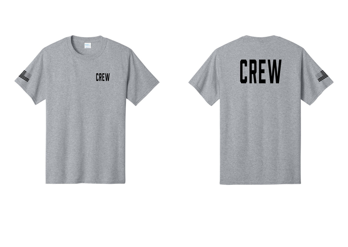NYC Factory Crew T-Shirt for Event Staff & Production Teams (Classic) - Chest + Back + US Flag Sleeve - Athletic Heather