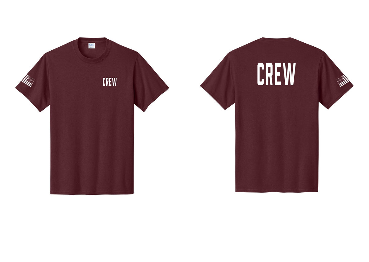 NYC Factory Crew T-Shirt, Condensed Lettering - Chest + Back + US Flag Sleeve - Athletic Maroon