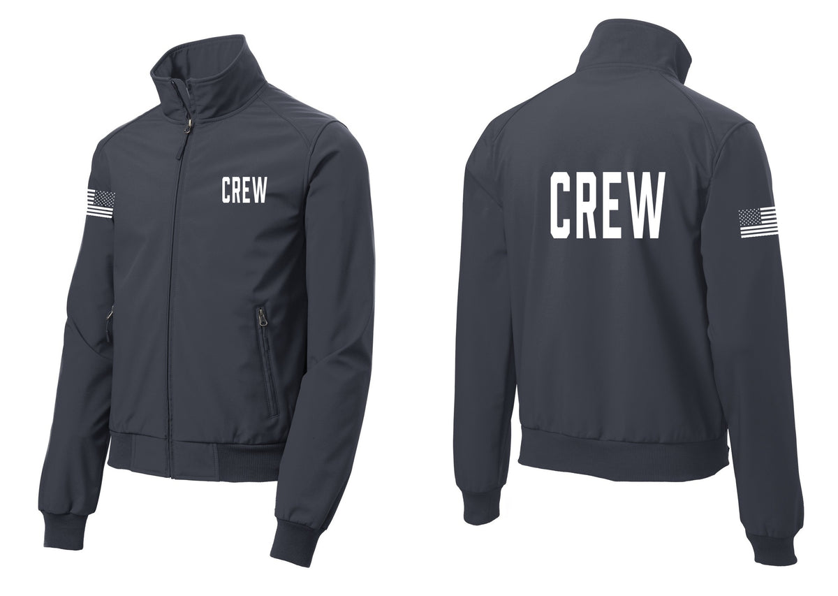 NYC Factory Crew Soft Shell Bomber Jacket for Event Staff & Production Teams (Classic) - Chest + Back + US Flag Sleeve - Battleship Grey