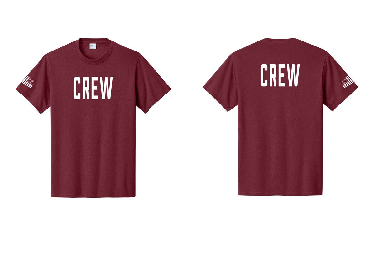 NYC Factory Crew T-Shirt, Condensed Lettering - Front + Back + US Flag Sleeve - Cardinal