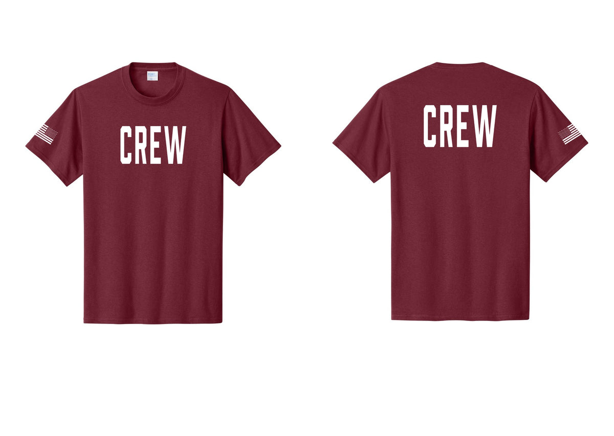 NYC Factory Crew T-Shirt for Event Staff & Production Teams (Classic) - Front + Back + US Flag Sleeve - Cardinal