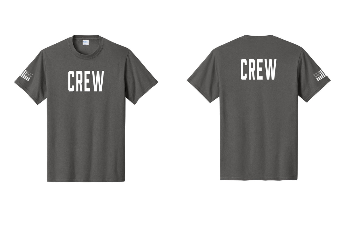 NYC Factory Crew T-Shirt, Condensed Lettering - Front + Back + US Flag Sleeve - Charcoal