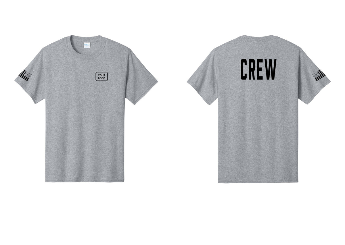 NYC Factory Custom Logo Crew T-Shirt, Condensed Lettering - Your Logo + Back + US Flag Sleeve - Athletic Heather