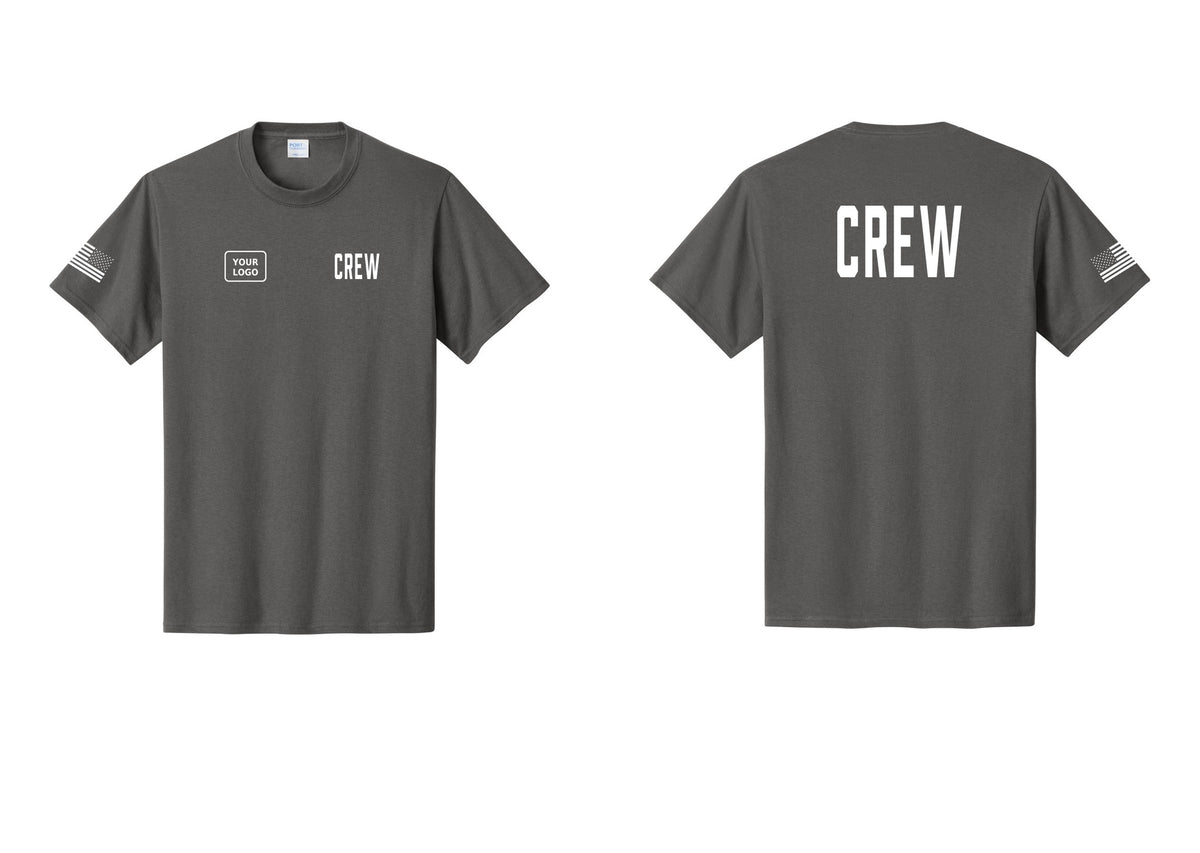 NYC Factory Custom Logo Crew T-Shirt, Condensed Lettering - CREW + Your Logo + Back + US Flag Sleeve - Charcoal