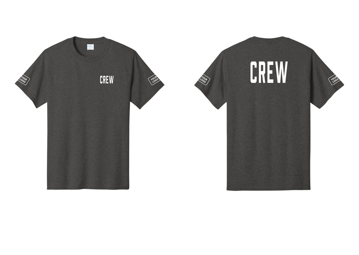 NYC Factory Custom Logo Crew T-Shirt, Condensed Lettering - Chest + Back + Your Logo Sleeves - Dark Heather Grey