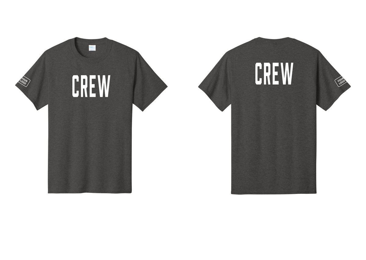 NYC Factory Custom Logo Crew T-Shirt, Condensed Lettering - Front + Back + Your Logo Sleeve - Dark Heather Grey
