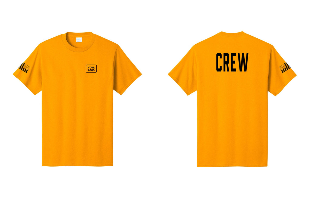 NYC Factory Custom Logo Crew T-Shirt, Condensed Lettering - Your Logo + Back + US Flag Sleeve - Gold