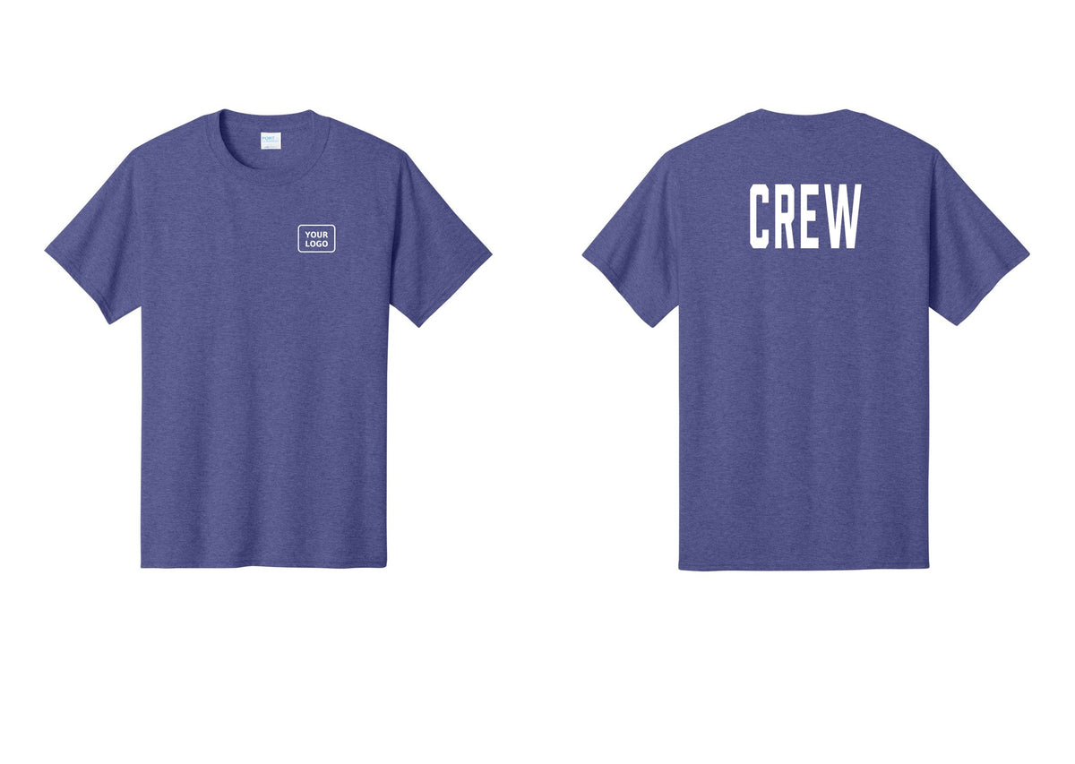 NYC Factory Custom Logo Crew T-Shirt, Condensed Lettering - Your Logo + Back - Heather Purple