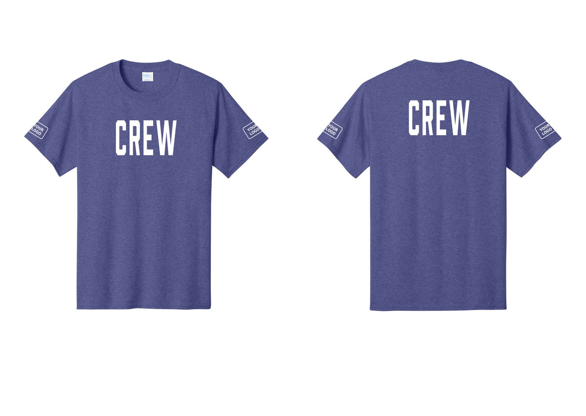 NYC Factory Custom Logo Crew T-Shirt, Condensed Lettering - Front + Back + Your Logo Sleeves - Heather Purple