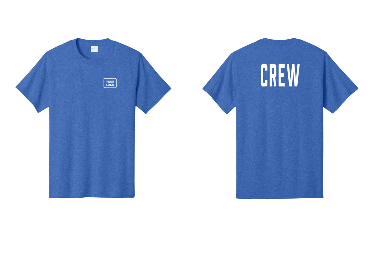 NYC Factory Custom Logo Crew T-Shirt, Condensed Lettering - Your Logo + Back - Heather Royal