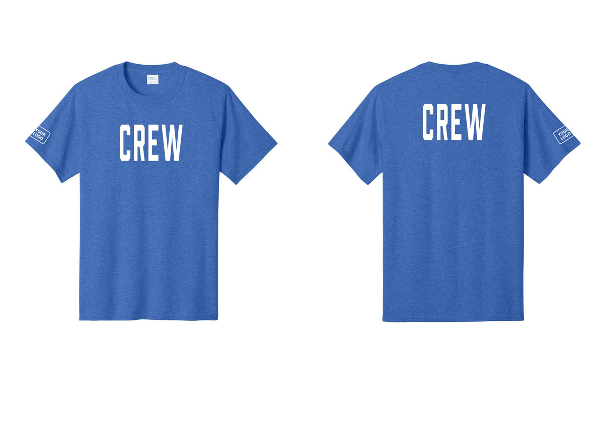 NYC Factory Custom Logo Crew T-Shirt, Condensed Lettering - Front + Back + Your Logo Sleeve - Heather Royal