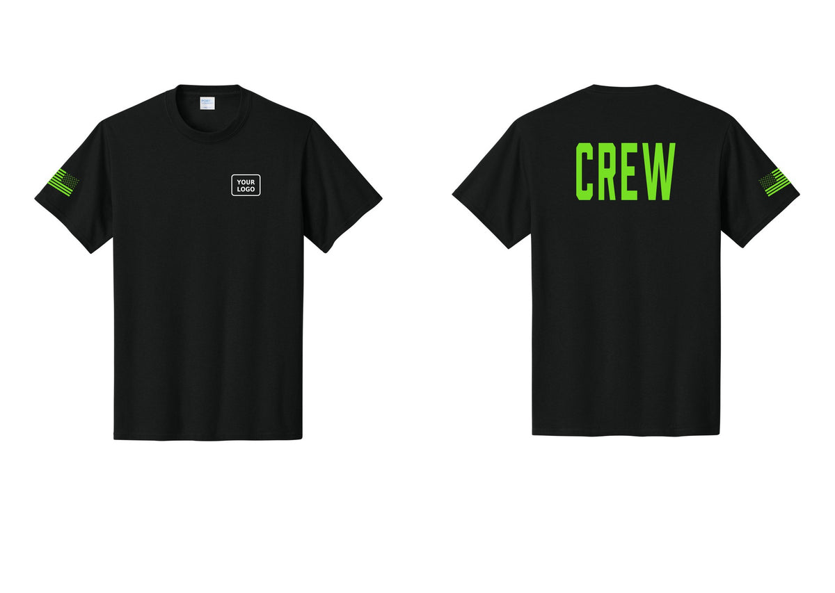 NYC Factory Custom Work Crew Uniform Tee with Your Logo (Classic) - Your Logo + Back + US Flag Sleeve - Black / Neon