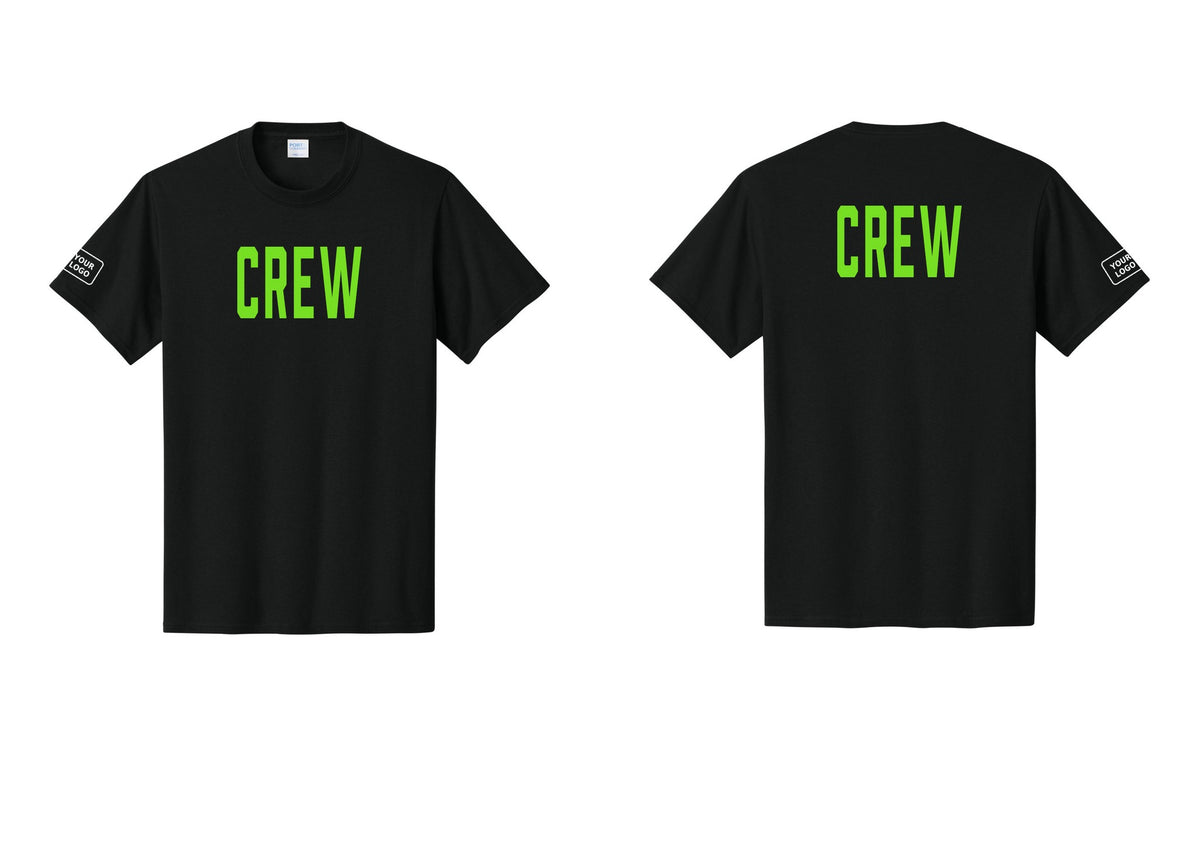 NYC Factory Custom Logo Crew T-Shirt, Condensed Lettering - Front + Back + Your Logo Sleeve - Black / Neon