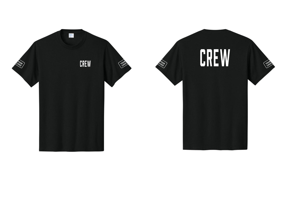 NYC Factory Custom Logo Crew T-Shirt, Condensed Lettering - Chest + Back + Your Logo Sleeves - Black