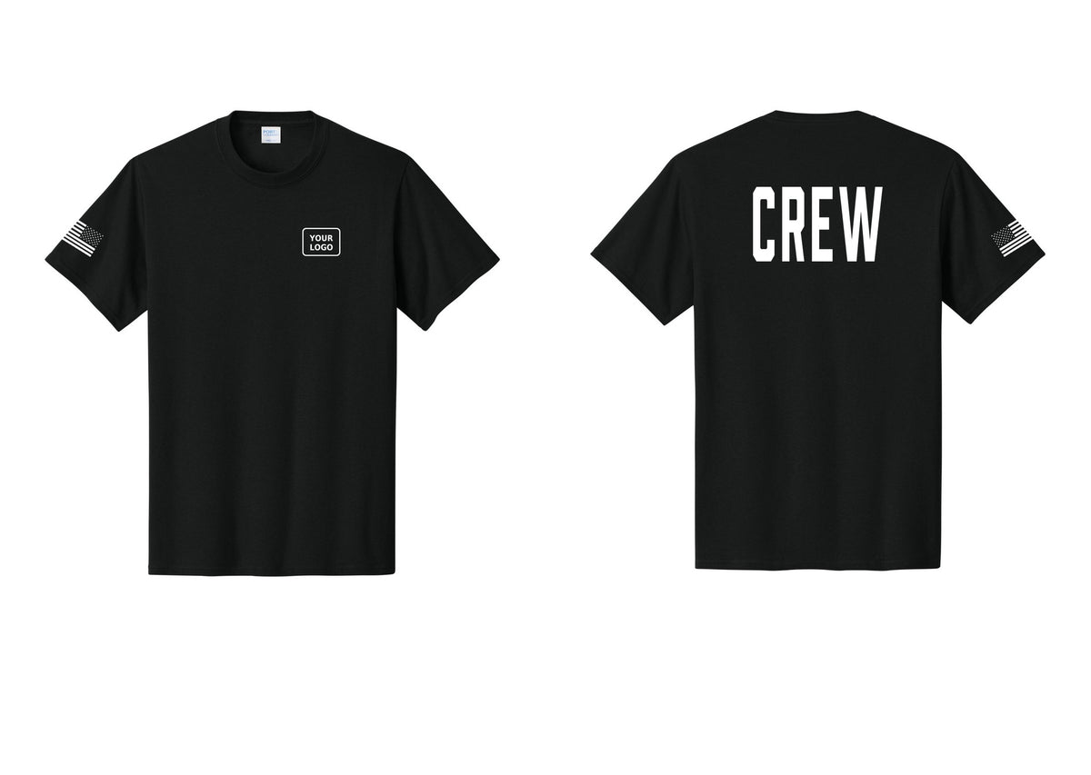 NYC Factory Custom Work Crew Uniform Tee with Your Logo (Classic) - Your Logo + Back + US Flag Sleeve - Black