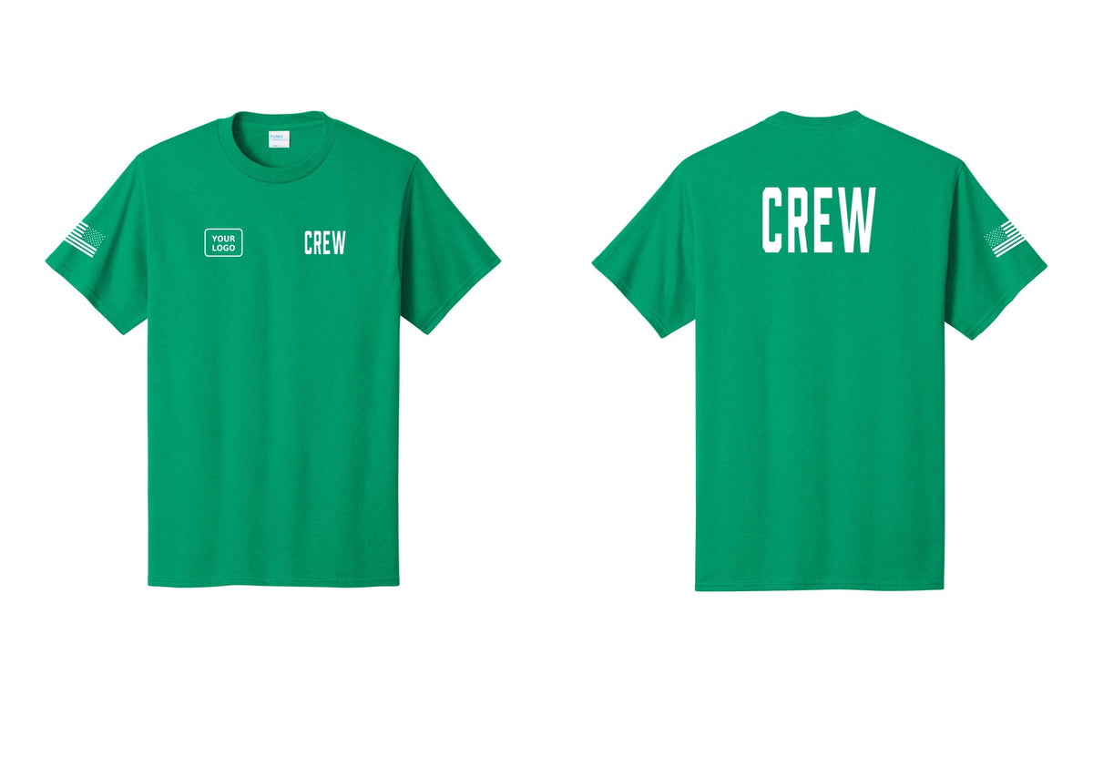 NYC Factory Custom Logo Crew T-Shirt, Condensed Lettering - CREW + Your Logo + Back + US Flag Sleeve - Kelly