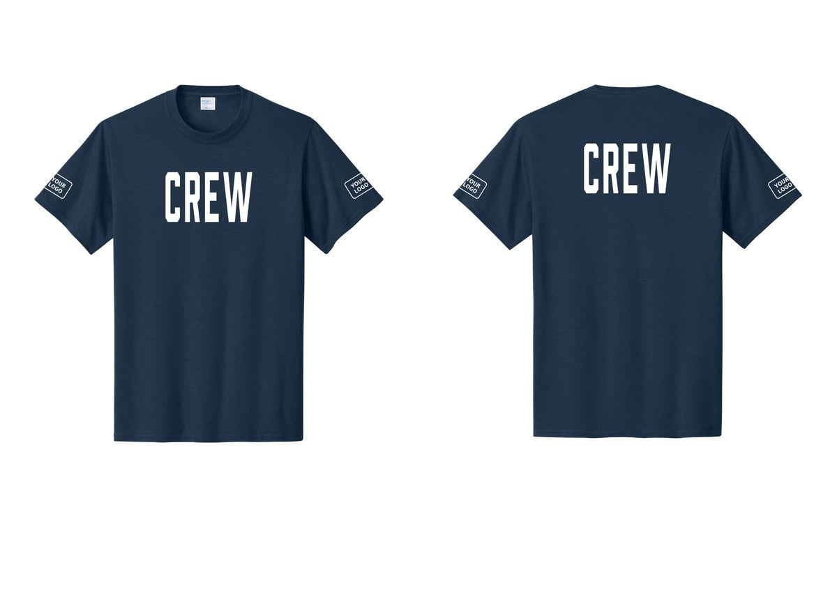 NYC Factory Custom Logo Crew T-Shirt, Condensed Lettering - Front + Back + Your Logo Sleeves - Navy