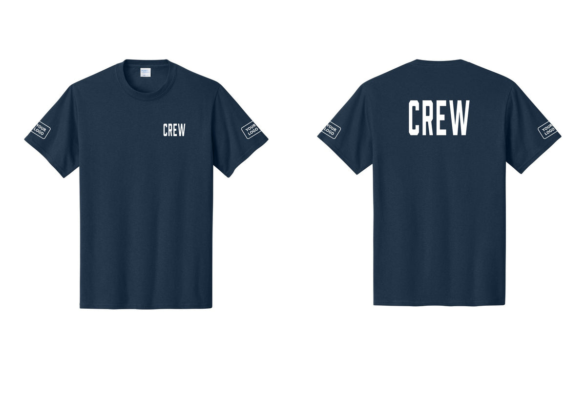NYC Factory Custom Logo Crew T-Shirt, Condensed Lettering - Chest + Back + Your Logo Sleeves - Navy