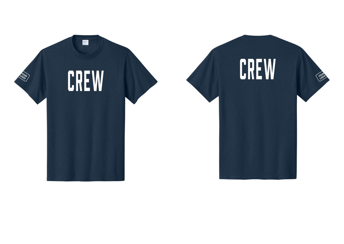 NYC Factory Custom Logo Crew T-Shirt, Condensed Lettering - Front + Back + Your Logo Sleeve - Navy
