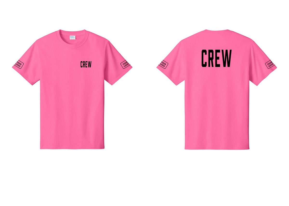 NYC Factory Custom Logo Crew T-Shirt, Condensed Lettering - Chest + Back + Your Logo Sleeves - Neon Pink