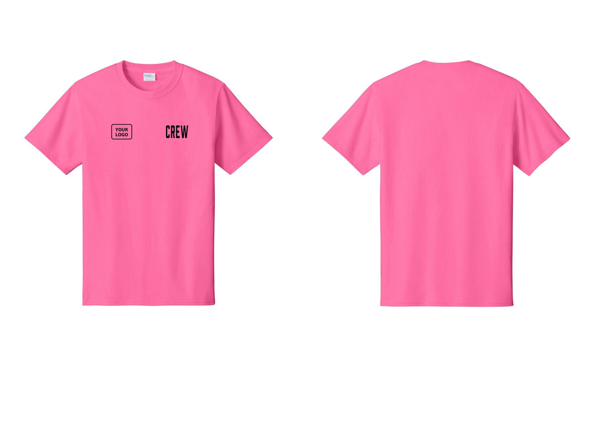 NYC Factory Custom Logo Crew T-Shirt, Condensed Lettering - CREW + Your Logo - Neon Pink