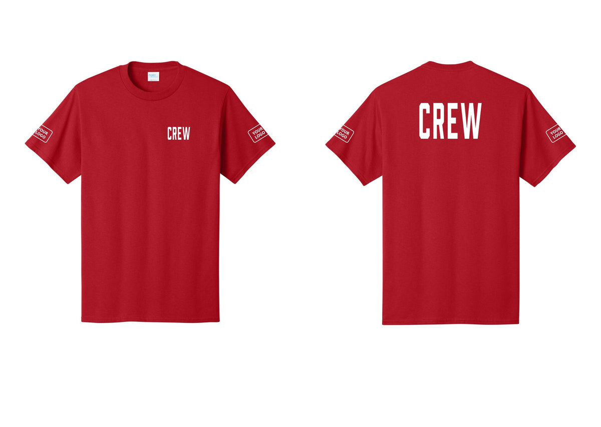 NYC Factory Custom Logo Crew T-Shirt, Condensed Lettering - Chest + Back + Your Logo Sleeves - Red