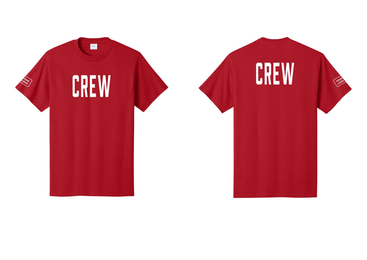 NYC Factory Custom Logo Crew T-Shirt, Condensed Lettering - Front + Back + Your Logo Sleeve - Red