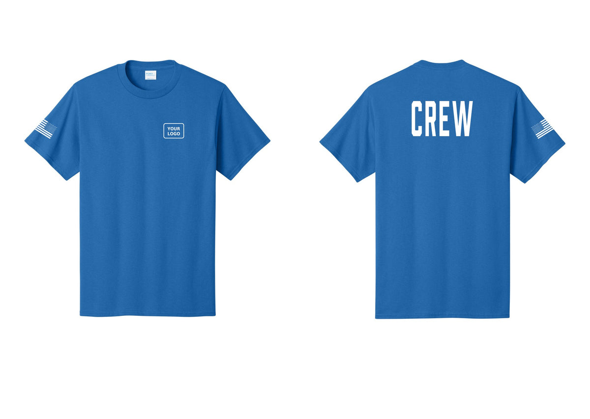 NYC Factory Custom Logo Crew T-Shirt, Condensed Lettering - Your Logo + Back + US Flag Sleeve - Royal