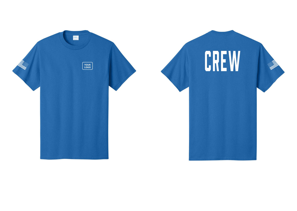 NYC Factory Custom Work Crew Uniform Tee with Your Logo (Classic) - Your Logo + Back + US Flag Sleeve - Royal