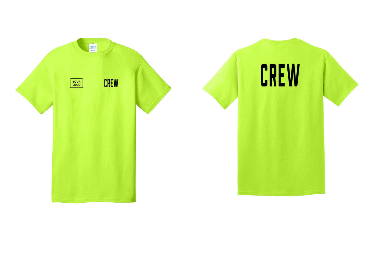 NYC Factory Custom Logo Crew T-Shirt, Condensed Lettering - CREW + Your Logo + Back - Safety Green