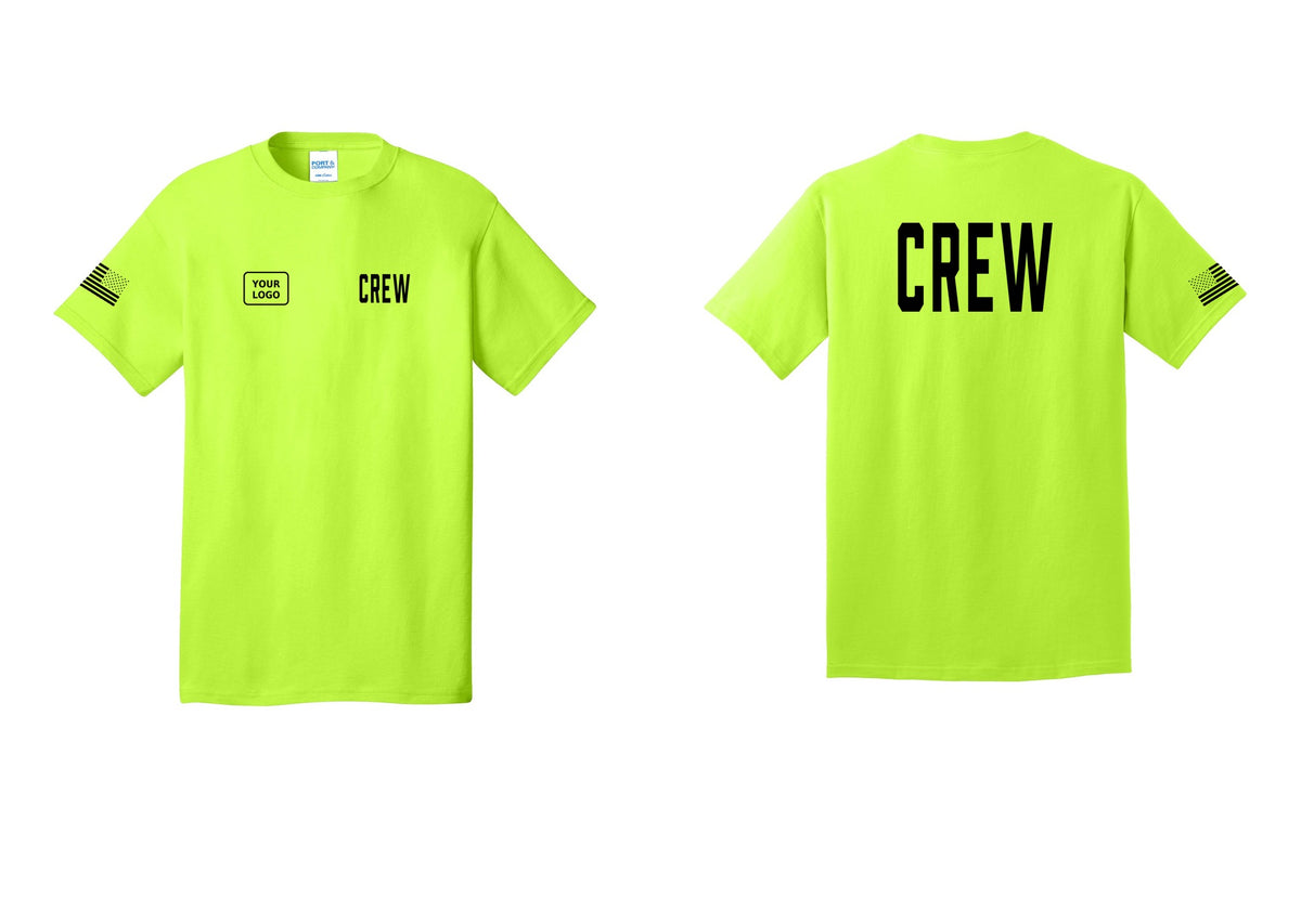 NYC Factory Custom Work Crew Uniform Tee with Your Logo (Classic) - CREW + Your Logo + Back + US Flag Sleeve - Safety Green