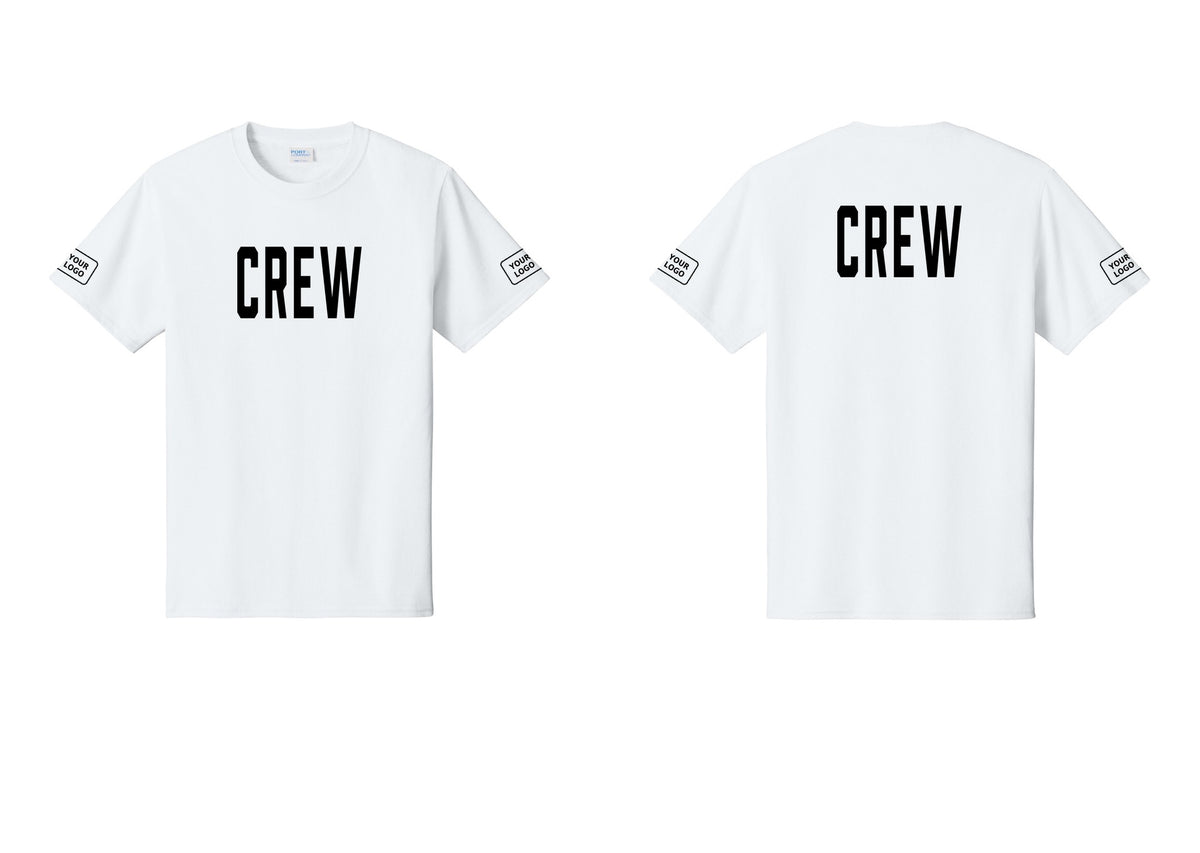 NYC Factory Custom Logo Crew T-Shirt, Condensed Lettering - Front + Back + Your Logo Sleeves - White