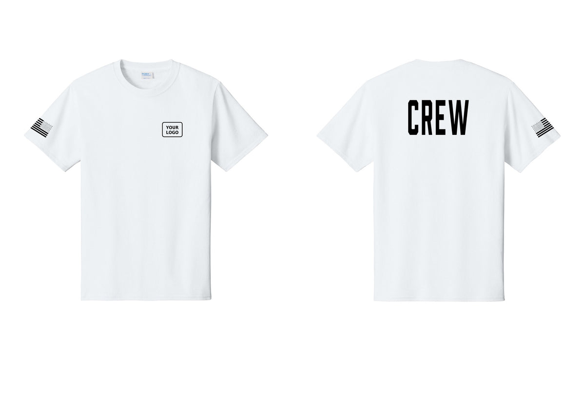 NYC Factory Custom Logo Crew T-Shirt, Condensed Lettering - Your Logo + Back + US Flag Sleeve - White