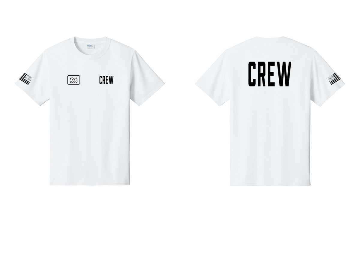 NYC Factory Custom Work Crew Uniform Tee with Your Logo (Classic) - CREW + Your Logo + Back + US Flag Sleeve - White