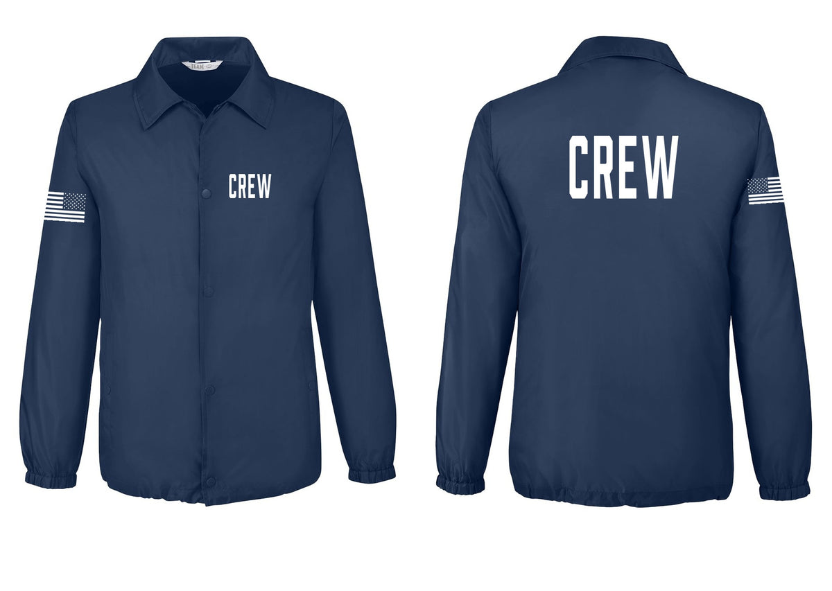 NYC Factory Crew Snap-Front Coaches Jacket for Event Staff & Production Teams (Classic) - Chest + Back + US Flag Sleeve - Sport Dark Navy