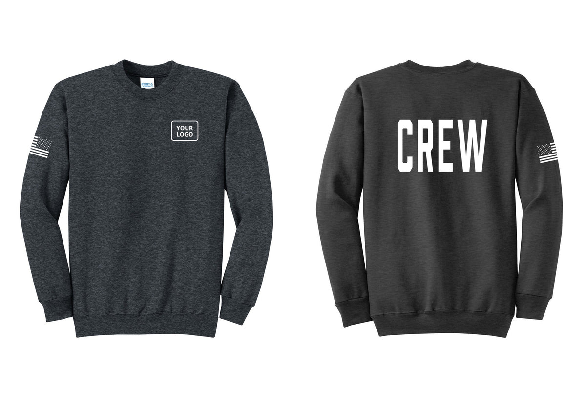 NYC Factory Custom Work Crew Uniform Cotton Fleece Crewneck Sweatshirt with Your Logo (Classic) - Your Logo + Back + US Flag Sleeve - Dark Heather Grey
